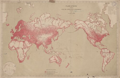 Planisphère indiquant l'état des connaissances géographiques en 1875