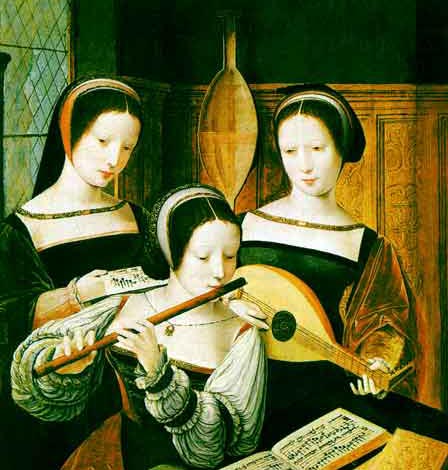 Maître des demi-figures, Trois femmes chantant et jouant la 4e chanson de L'Adolescence clémentine mise en musique par Sermisy, ca. 1530, Saint-Pétersbourg, Musée de l'Ermitage